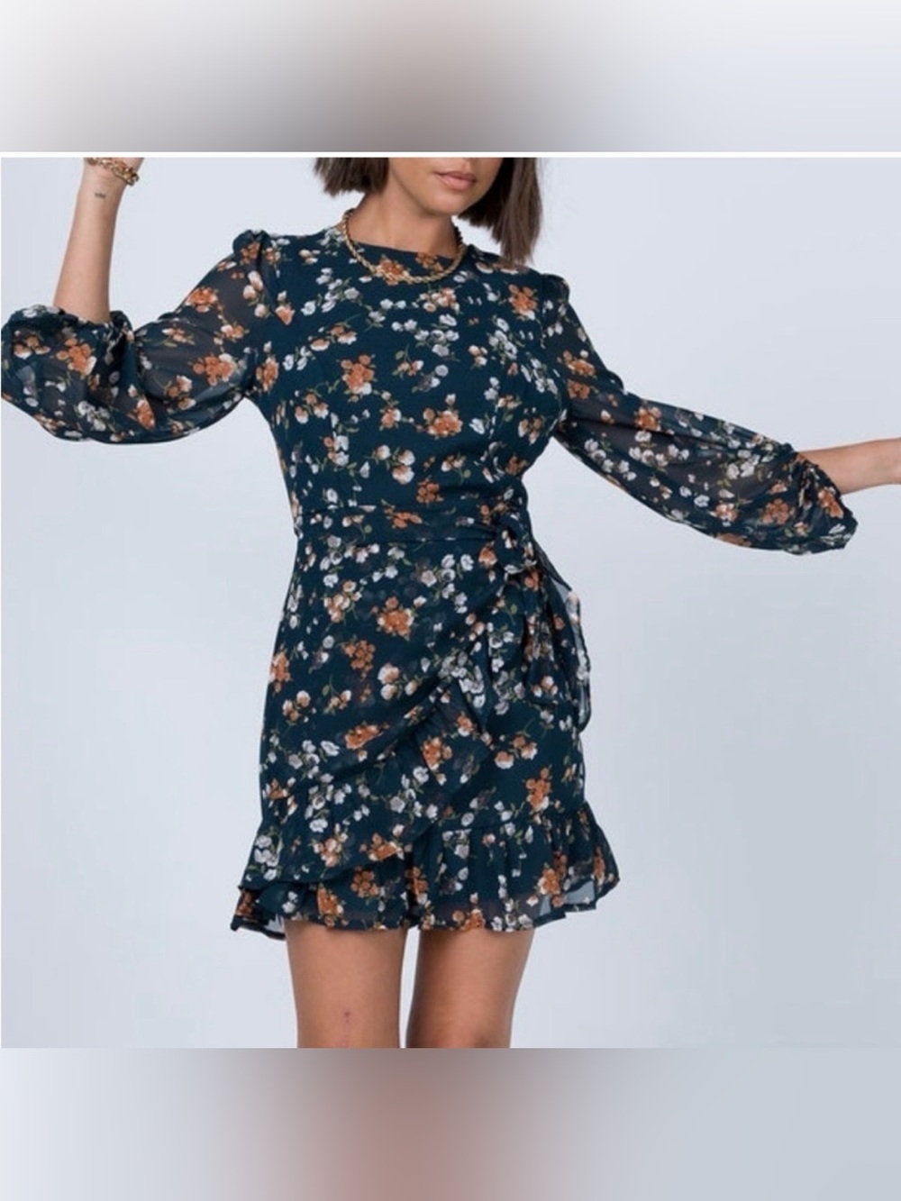 Princess Polly Dark Green Floral Tie-Waist Long Sleeve Mini Dress